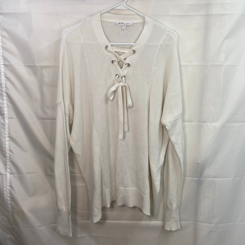 BCBGeneration women's white cream laced neck long sleeve knit‎ sweater stretch M